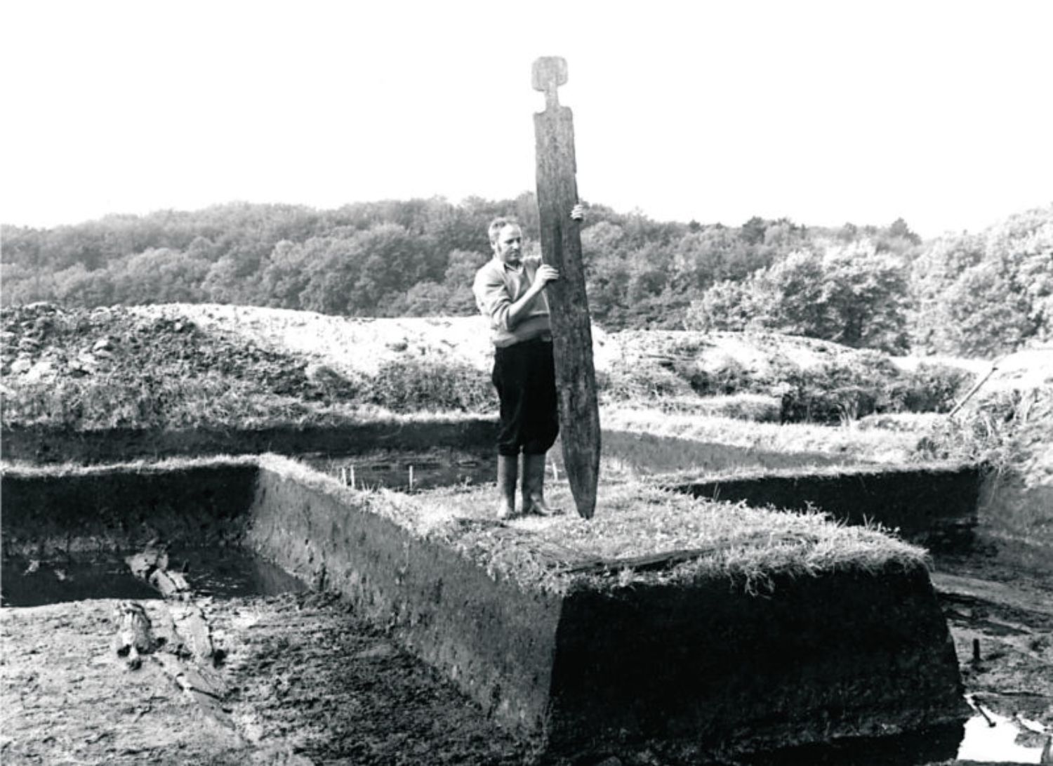 Auf einem Erdsockel zwischen Grabungsflächen steht ein Mann, der eine große, aufrecht stehende Holzbohle festhält. Die Bohle ist unten angespitzt, ihr oberes Ende ist wie ein menschlicher Kopf geformt. (© LAKD M-V/LA)