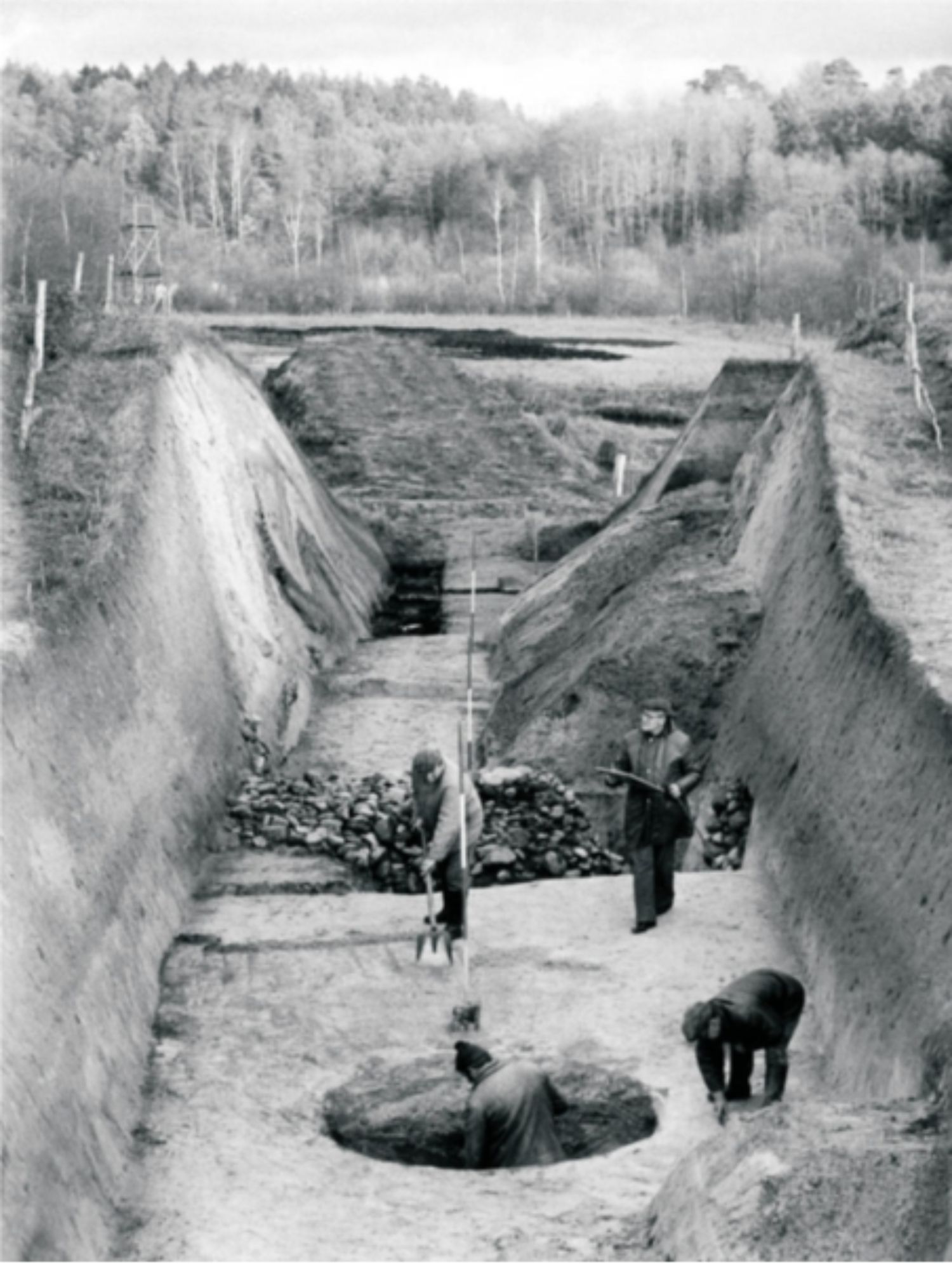 Rechts und links sind steile Erdwände zu sehen. Auf dem flachen Boden dazwischen arbeiten mehrere Männer. Einer hält ein Zeichenbrett in den Händen. Im Vordergrund kniet ein Mann in einer Grube und bearbeitet deren Rand mit einem Werkzeug. (© LAKD M-V/LA)