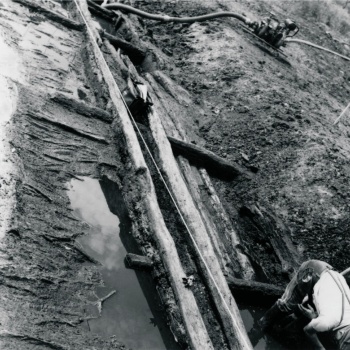 Quer durch das Bild verlaufen freigelegte Holzstämme. Daneben steht Wasser. Rechts unten ist ein Mann zu erkennen, der sich über die Hölzer beugt. Im Hintergrund steht eine Wasserpumpe mit angeschlossenen Schläuchen. (© LAKD M-V/LA)