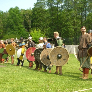 Auf einer Wiese steht eine Reihe von Männern in historischen Gewändern. Sie tragen bunte Schilde, Schwerter, Lanzen und eine Axt. (© LAKD M-V/LA)