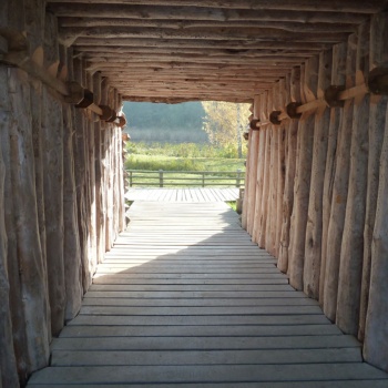 Durch einen Tunnel fällt der Blick auf eine Wiese, hinter der ein See zu erahnen ist. Ganz im Hintergrund befindet sich Wald. Der Boden des Tunnels und die Fläche davor sind mit Holzbohlen belegt. Wände und Decke des Tunnels bestehen aus Holzstämmen. Die Wände werden ein Stück unterhalb der Decke durch längs verlaufende Hölzer gehalten, die in Abständen an hölzernen Riegeln befestigt sind. (© LAKD M-V/LA)