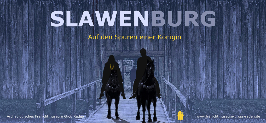 Grafik: Zwei Reiter nähern sich bei Nacht dem Tor der slawischen Burg Schwerin