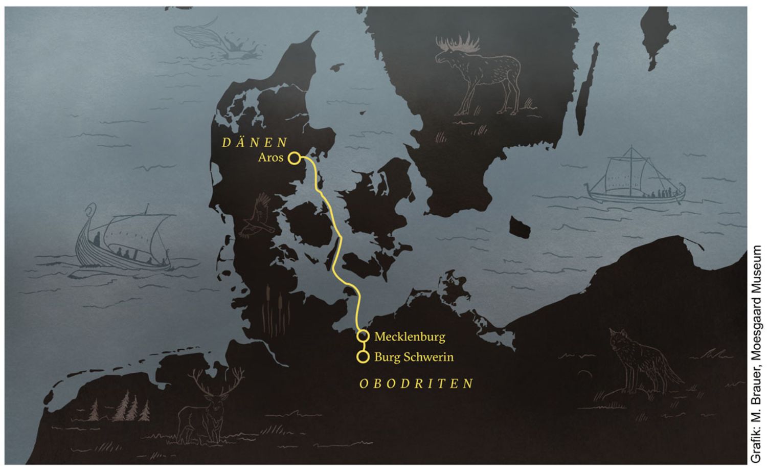 Toves mögliche Reiseroute von Schwerin nach Aros (heute Aarhus). Grafik: Moesgaard Museum / Mario Brauer