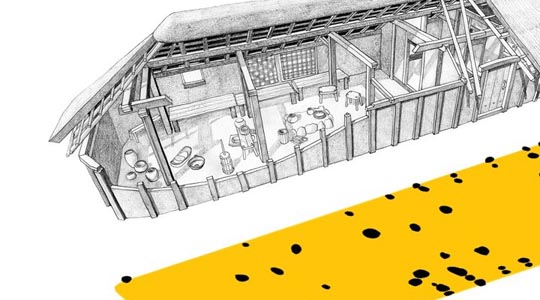 Ein Hausabdruck: Die Pfostengruben des bei Drammendorf auf Rügen dokumentierten Hauses erlauben eine Rekonstruktion. Abbildungen [Ausschnitte]: LAKD M-V, Landesarchäologie, C. Hartl-Reiter (Grundriss), M. Schöne (Zeichnung).
